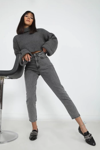 Gri Yüksek Bel Mom Jean