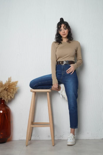 Koyu Mavi Yüksek Bel Mom Jean