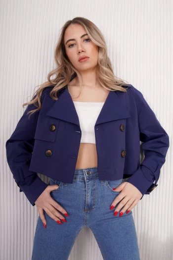 Lacivert Crop Trençkot