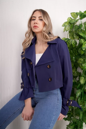 Lacivert Crop Trençkot