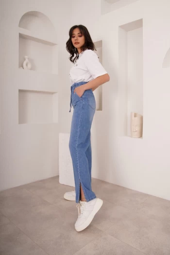 Mavi Beli Lastikli Yırtmaçlı Pantolon