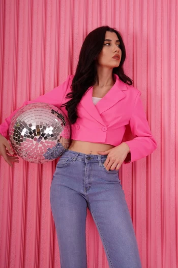 Pembe Kruvaze Crop Ceket