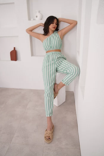 Yeşil Çizgili Keten Pantolon