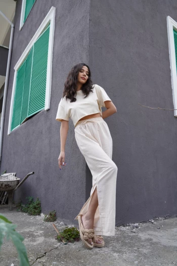 Bej Beli Lastikli Keten Pantolon, Bej Basic Crop T-Shirt