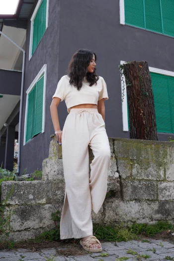 Bej Beli Lastikli Keten Pantolon, Bej Basic Crop T-Shirt