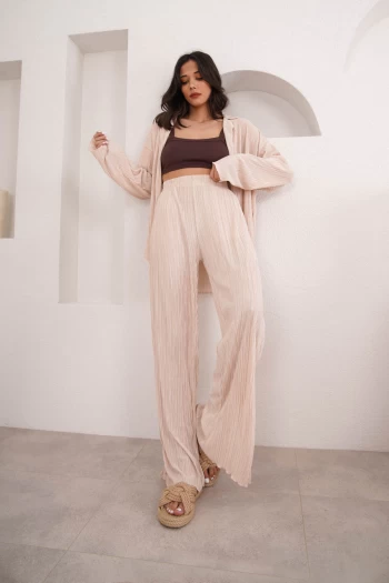 Bej Fitilli Takım, Acı Kahve Askılı Triko Croptop