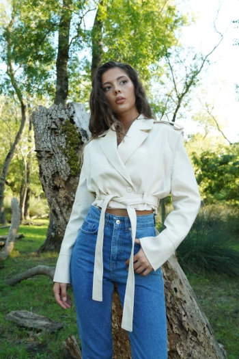 Bej Kuşak Detaylı Ceket , Açık Mavi Yüksek Bel Mom Jean