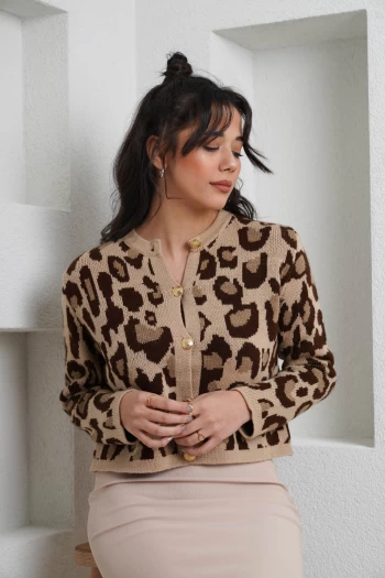 Bej Uzun Kalem Etek, Bej Leopar Desenli Hırka