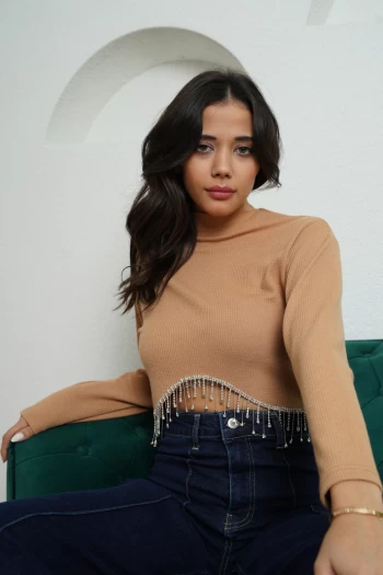 Camel Altı Taşlı Triko, Lacivert Dikiş Detaylı Bol Paça Pantolon