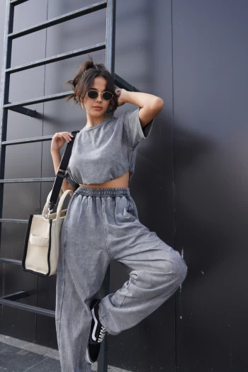 Füme Şalvar Yıkamalı T-Shirt Takım