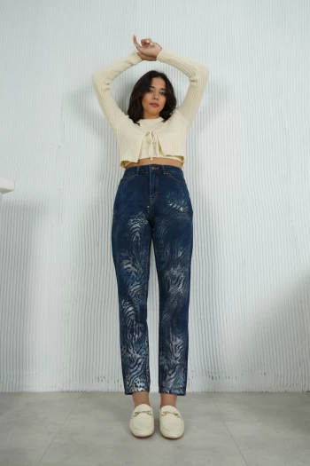 Krem İkili Triko Hırka Takım, Lacivert Sim Desenli Mom Jean