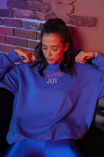 Mavi Önü Yazılı Sweatshirt, Saks Mavi Parlak Disko Tayt