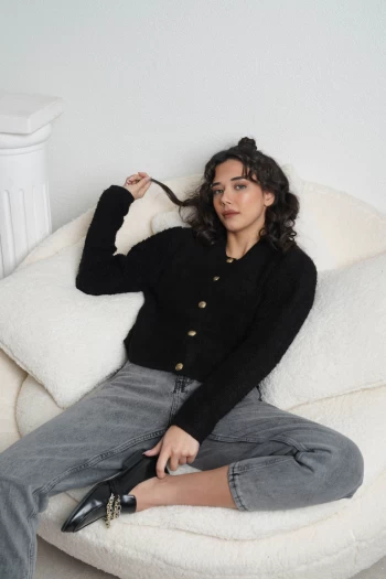 Siyah Teddy Hırka, Gri Yüksek Bel Mom Jean