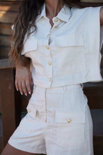 Taş Renk Gold Düğmeli Şort Takım