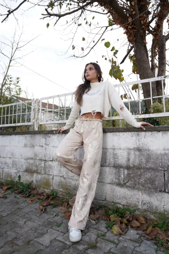 Bej Zr Model Varak Baskılı Pantolon, Ekru Taş Detaylı Triko KazakKMBN-3055