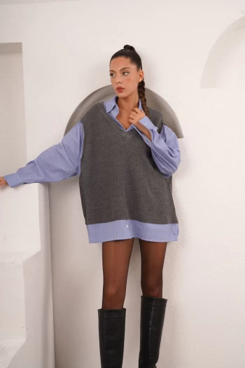Gri Zr Model Triko Gömlek Kazak