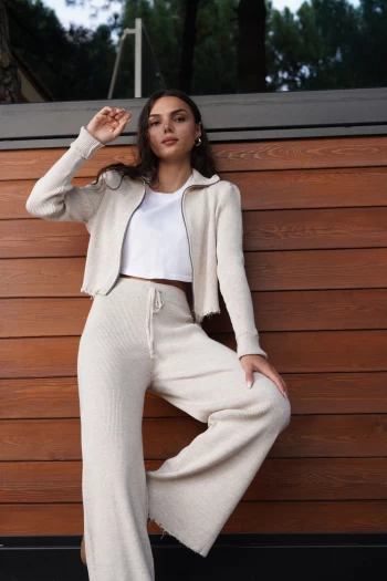 Taş Renk Fermuarlı Triko Takım