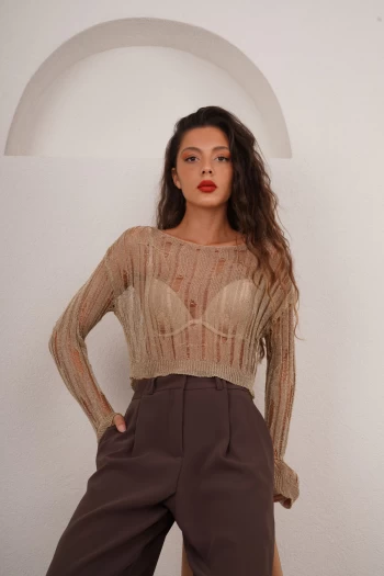 Gold Metalik Triko Bluz, Acı Kahve Palazzo Pantolon