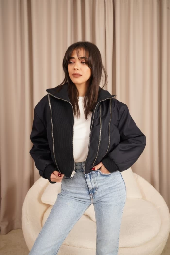 Lacivert Zr Model Bomber Ceket, Buz Mavisi Paça Detaylı Jean