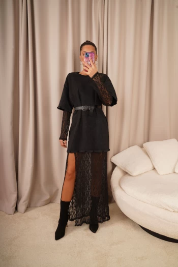 Siyah Tshirtlü Dantel Elbise