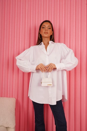 Beyaz Balon Kol Gömlek, Lacivert ZR İspanyol Paça Simli Jean