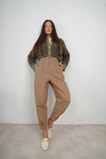Camel Orj Model Paçası Çıtçıtlı Gabardin Pantolon, Kahverengi Desenli Hırka