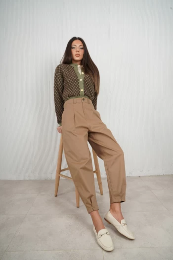 Camel Orj Model Paçası Çıtçıtlı Gabardin Pantolon, Kahverengi Desenli Hırka