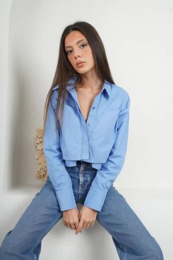 Mavi Poplin Crop Gömlek, Mavi Varak Baskılı Kesik Paça Jean