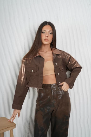 Acı Kahve Varaklı Crop Ceket, Acı Kahve ZR Batik Desen Jean