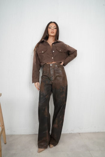 Acı Kahve Varaklı Crop Ceket, Acı Kahve ZR Batik Desen Jean