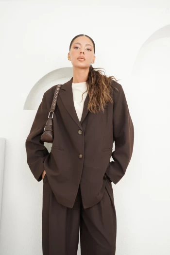 Acı Kahve Blazer Ceket, Acı Kahve Beli Lastik Detaylı Pantolon