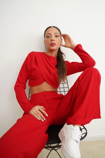 Kırmızı Drapeli Palazzo Takım