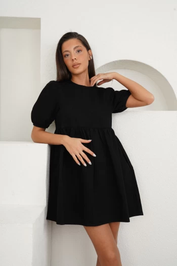 Siyah Kolu Lastikli Denim Elbise