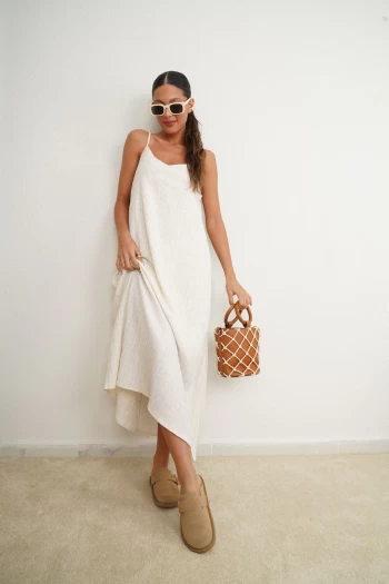 Taş Renk Dokulu İp Askılı Elbise