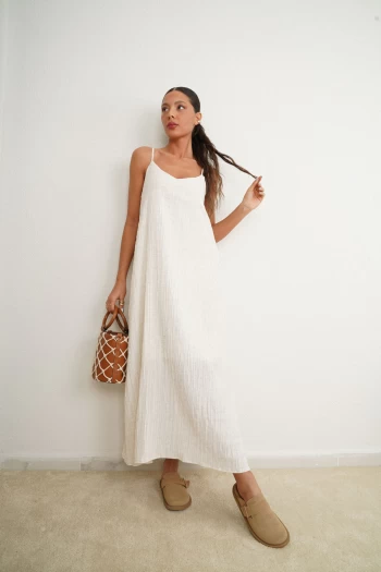 Taş Renk Dokulu İp Askılı Elbise