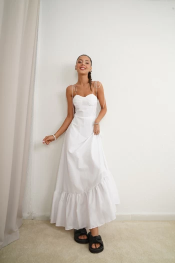 Beyaz Orj Model İp Askılı Elbise