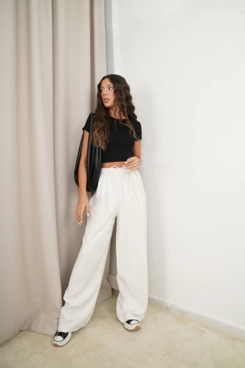 Ekru Tensel Pantolon, Siyah ZR Croptop