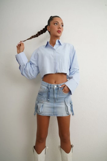 Açık Mavi Kargo Cepli Kot Etek, Bebe Mavisi Crop Gömlek