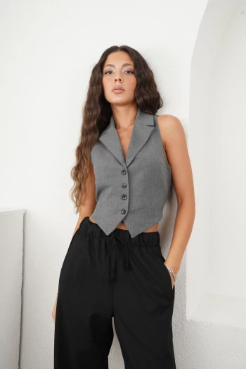 Antrasit Bel Detaylı Yelek, Siyah Beli Lastikli Pantolon