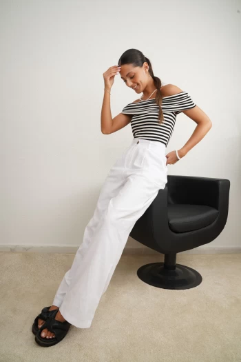 Beyaz Keten Palazzo Pantolon