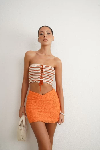 Ekru Örme Crop, Turuncu Müslin Etek