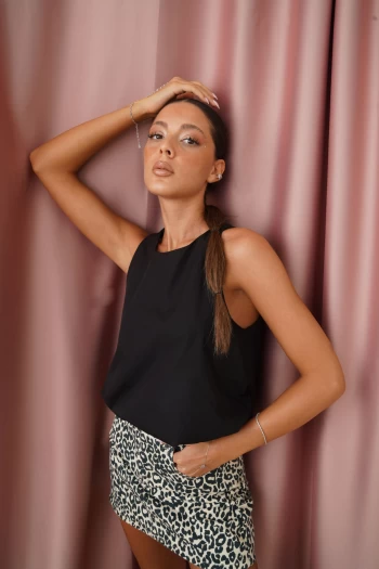 Siyah Balon Bluz+Ekru ZR Leopar Jean Etek