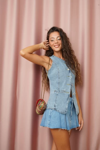 Buz Mavisi Cep Detaylı Denim Yelek, Mavi ZR Kot Etek