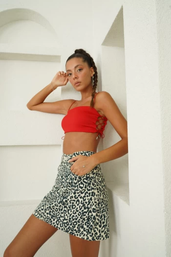 Kırmızı Yanı Bağcıklı Crop, Ekru ZR Leopar Jean Ete
