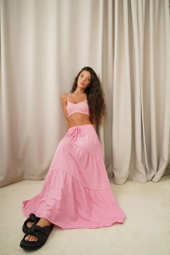 Pembe Beli Lastikli Etek, Pembe V Yaka İp Askılı Crop