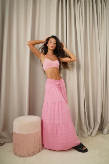 Pembe Beli Lastikli Etek, Pembe V Yaka İp Askılı Crop