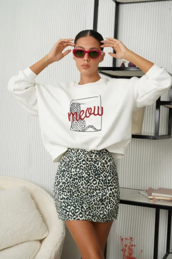 Ekru ZR Leopar Jean Etek, Beyaz Kaplan Baskılı Sweatshirt