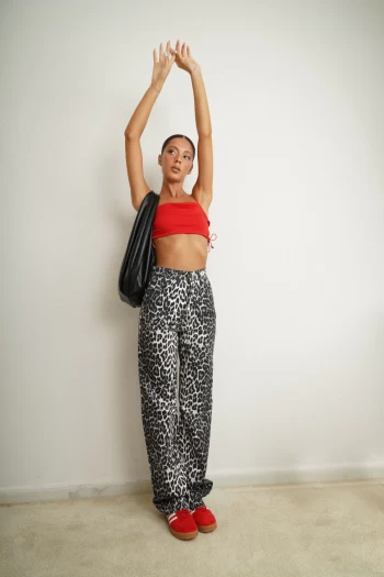 Füme ZR Leopar Palazzo Jean, Kırmızı Yanı Bağcıklı Crop
