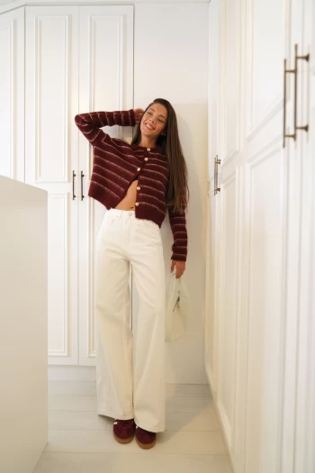 Bordo Çizgili Şardonlu Hırka, Beyaz ZR Baggy Jean