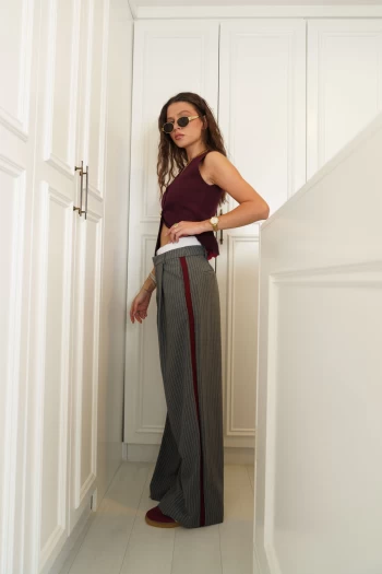 Bordo Zr Model 2 Düğmeli Yelek, Gri Çizgili Palazzo Pantolon